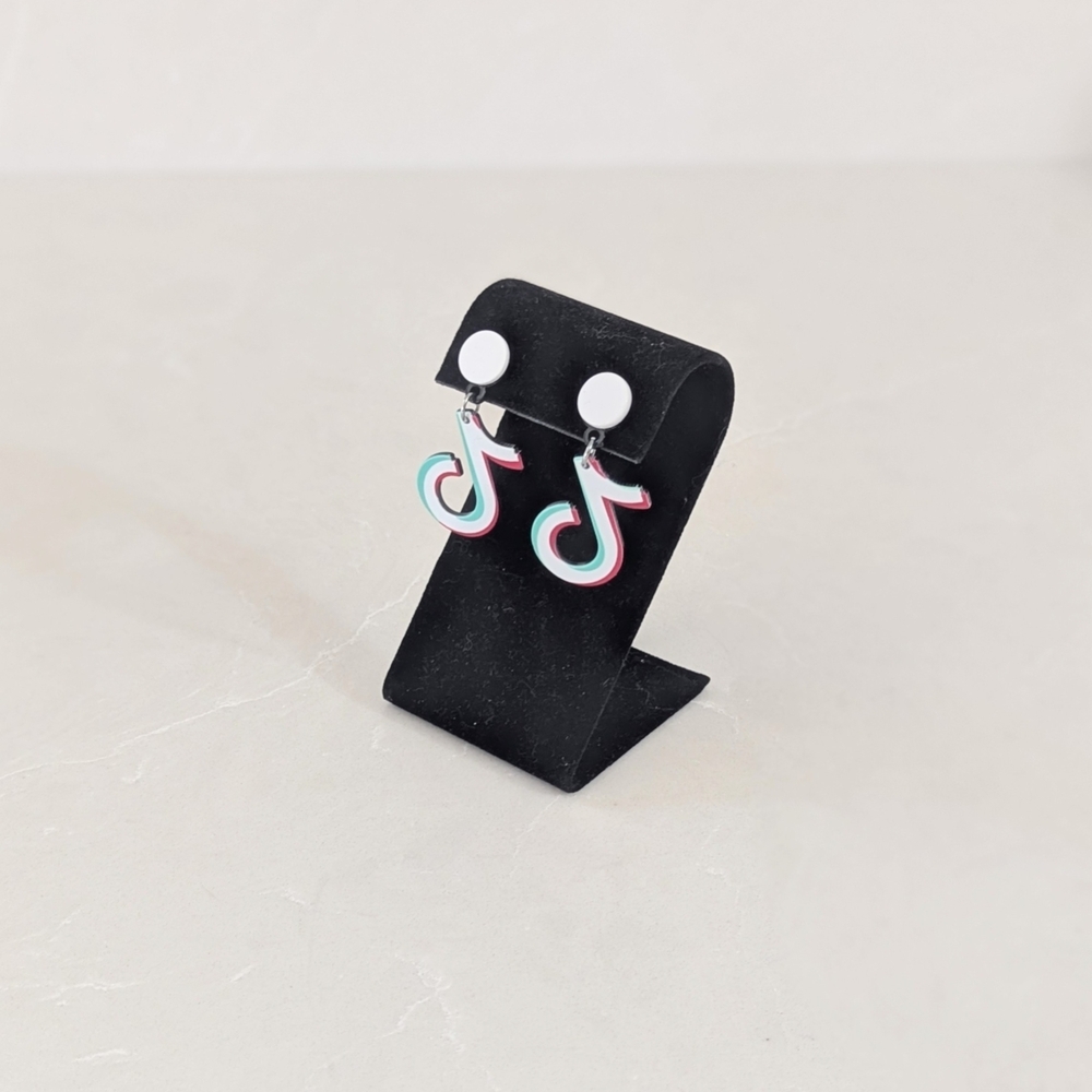 Acrylic TikTok Logo Dangle Earrings in White, Teal & Pink - Picture 5 of 5
